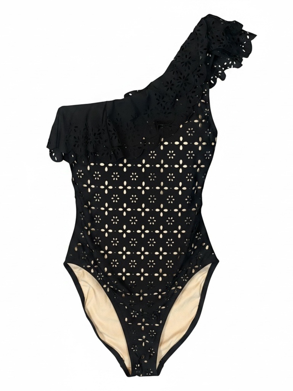 J.Crew Black Eyelet One Shoulder Swimsuit ✨ Resort Chic Quiet Luxury Size 4